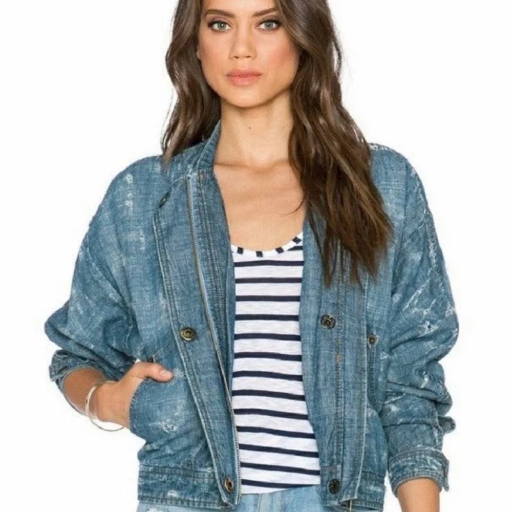 FREE PEOPLE DISTRESSED DENIM BOMBER JACKET